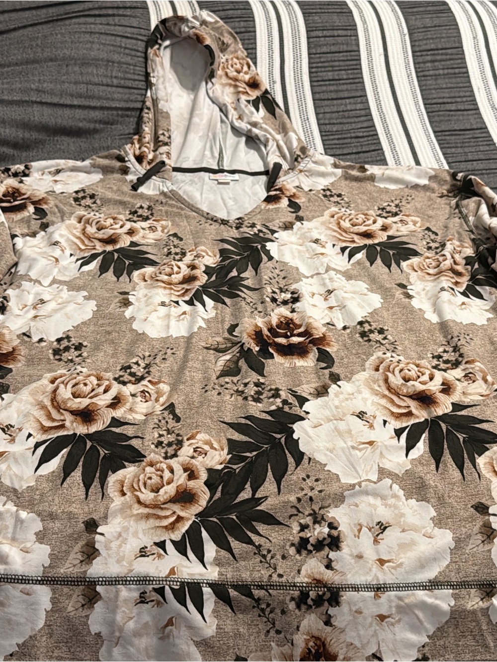 LuLaRoe Floral V-Neck Hooded Women’s Top in Taupe and Cream